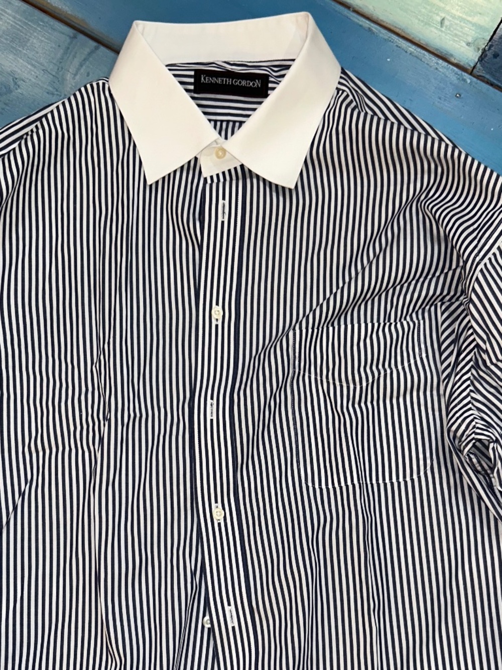 Kenneth Gordon 18 1/2 34 Blue Stripe Contrast Collar French Cuff Shirt